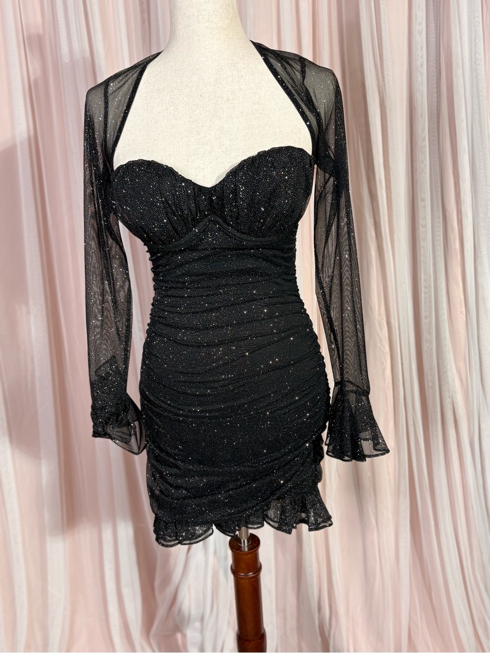 Windsor Black Sparkle Ruched Mesh Long-Sleeve Mini Dress